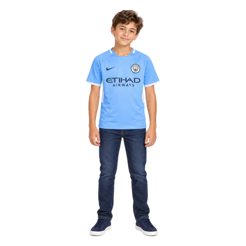 17/18 Manchester City Retro Home Kids Jersey — AI model preview, full-body front view