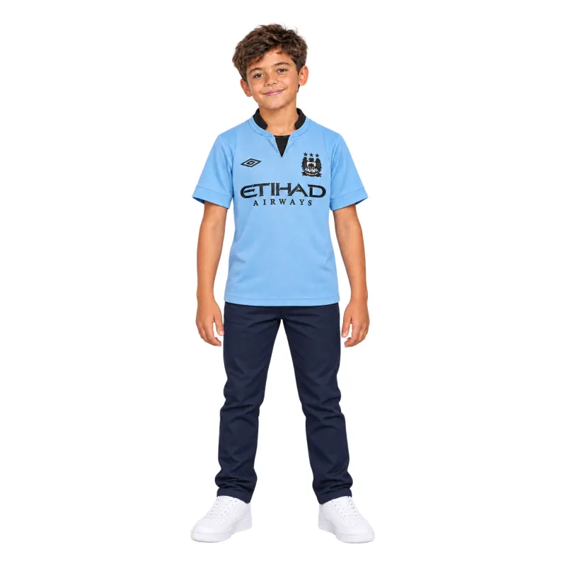 12/13 Manchester City Retro Home Kids Jersey — AI model preview, full-body front view