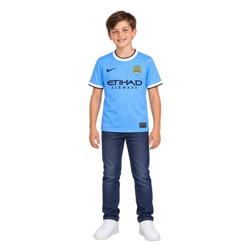 13/14 Manchester City Retro Home Kids Jersey — AI model preview, full-body front view