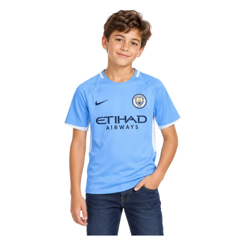 17/18 Manchester City Retro Home Kids Jersey — AI model preview, upper-body front view