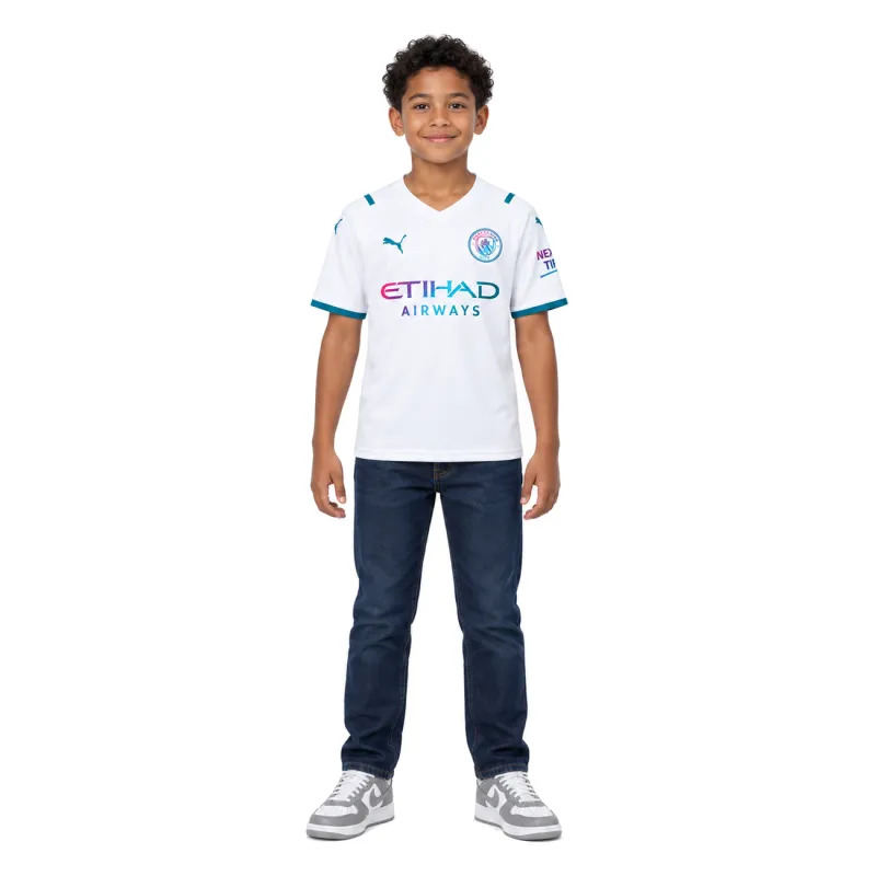 21/22 Manchester City Away Kids Jersey — AI model preview, full-body front view