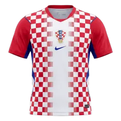 Croatia Home Soccer Jersey World Cup 2026 - product photo Camisola de futebol masculina da Croácia para o Campeonato do Mundo de 2026 vista frontal com o clássico design axadrezado e o brasão.