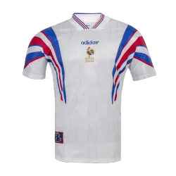 Vintage-Fußballtrikot im Retro-Stil: Frankreich-Auswärtstrikot 1996 – Produktfoto Vintage-Fußballtrikot für Herren, Retro-Auswärtstrikot Frankreich 1996, Vorderansicht mit Mannschaftswappen.