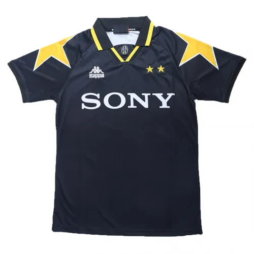 Black retro-inspired Juventus jersey with yellow shoulder stars and white SONY chest print, front view