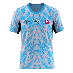 Camisola de guarda-redes da Suíça para o Campeonato do Mundo de 2026 Azul - foto do produto Suíça 2026 Guarda-redes Camisola azul à frente com emblema da equipa e pormenor na gola.