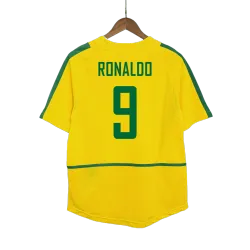 Vintage Men's Soccer Jersey Retro RONALDO #9 Brazil Home 2002 World Cup front view, showing crest and yellow design.