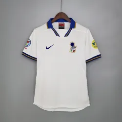 1996 Italy Away Retro Soccer Jersey - product photo 1996 Italy Away Retro Men's Soccer Jersey front view, classic blue with team crest.