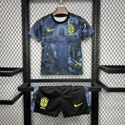2024 Brazil Dark blue Jesus Kids Kit front view, showcasing crest and shirt design.