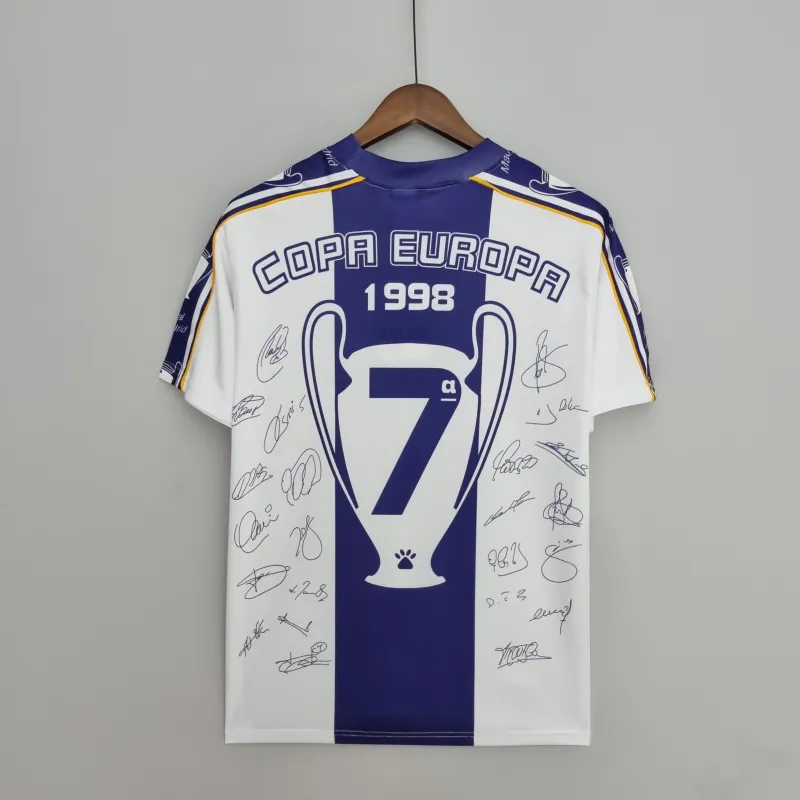 Camisola de futebol branca do Real Madrid Retro 7 Champions League Edição Comemorativa 97/98