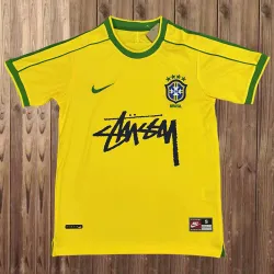 1998 World Cup Brazil Home Retro Signed Edition Yellow Men's Soccer Jersey front view with team crest.