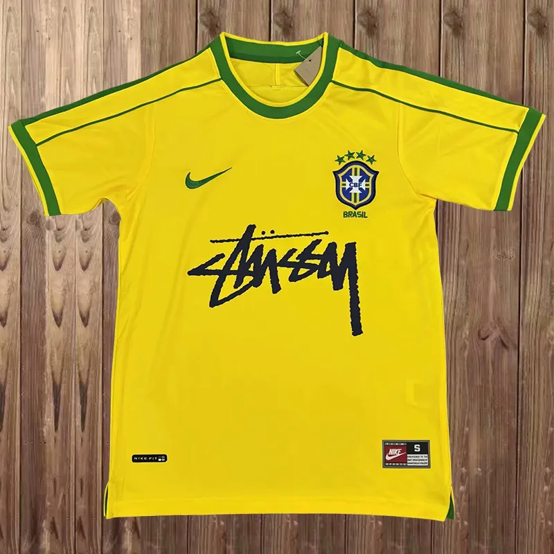 1998 World Cup Brazil Home Retro Signed Edition Yellow Soccer Jersey