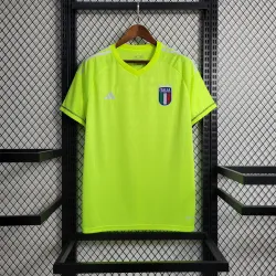 2023 Italy Goalkeeper Green Soccer Jersey - product photo 2023 Italy Goalkeeper Green Men's Soccer Jersey, front view with national crest and sponsor logo.