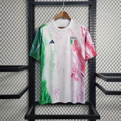 2023 Italy white with green and pink training Soccer Jersey - product photo 2023 Italy white training Men's Soccer Jersey front view, vibrant green and pink accents.