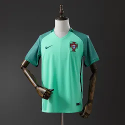 2016 Portugal Away Retro Soccer Jersey - product photo 2016 Portugal Away Retro Men's Soccer Jersey front view, white with green stripes.